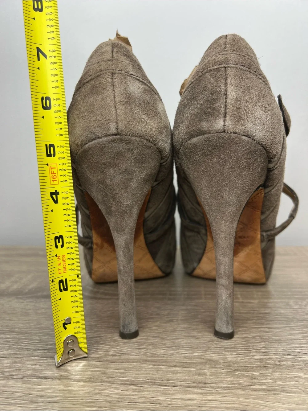L.A.M.B. Gwen Stefani Taupe Suede & Satin Striped Mary Jane Pumps Size 7.5M